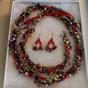 Handmade pearl necklace, bracelet & earrings